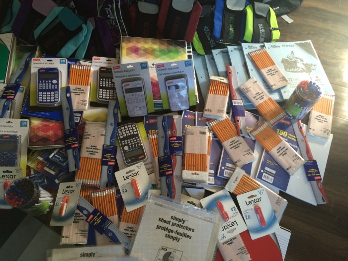 Backpacks, pencil cases, binders, spiral notebooks, paper, page dividers, report covers, duo-tangs, rulers, pens, pencils, erasers, jump drives and scientific calculators!