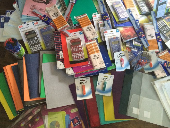Binders, spiral notebooks, paper, page dividers, report covers, duo-tangs, rulers, pens, pencils, erasers, jump drives and scientific calculators!